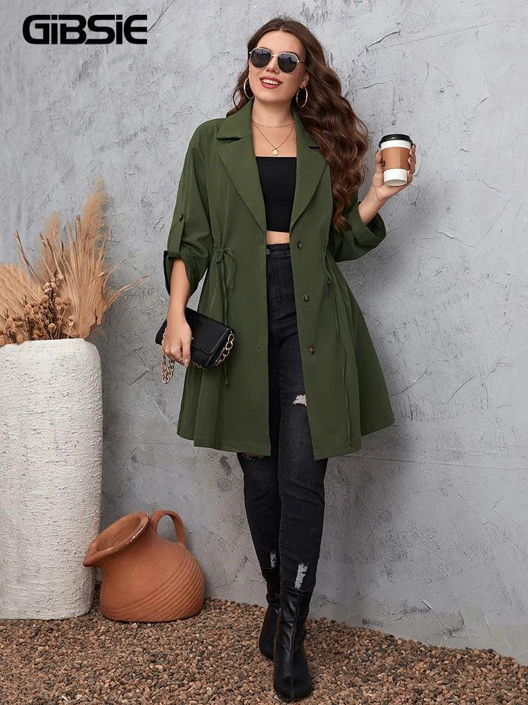 GIBSIE Plus Size Solid Notched Neck Trench Coat For Women 2023 Spring Fall Casual Drawstring Waist Female Buttons Long Coats