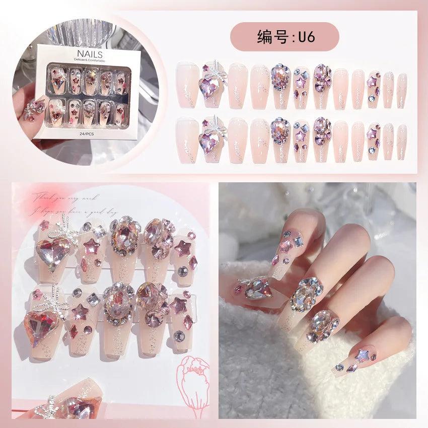 24Pcs Pink Full Diamond Press on Nail Tips Handmade 3D Design Rhinestones Full Cover False Long Coffin Nail Woman DIY Fake Nails