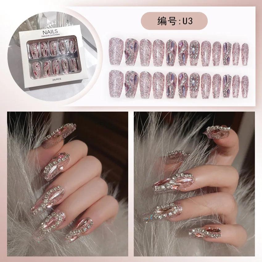 24pcs Luxury Handmade Nail Art Glossy Long Ballet Fake Nails Full Rhinestone Press On Nails Y2K False Nails For Women Girl Party