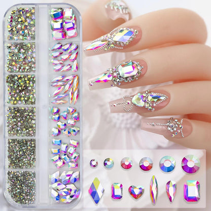 12Gird 3D Glass AB Crystal Nail Art Rhinestones Kit Flatback Round Bead Charm Gem Stones Jewelry Diamond with Tools for Nail Art