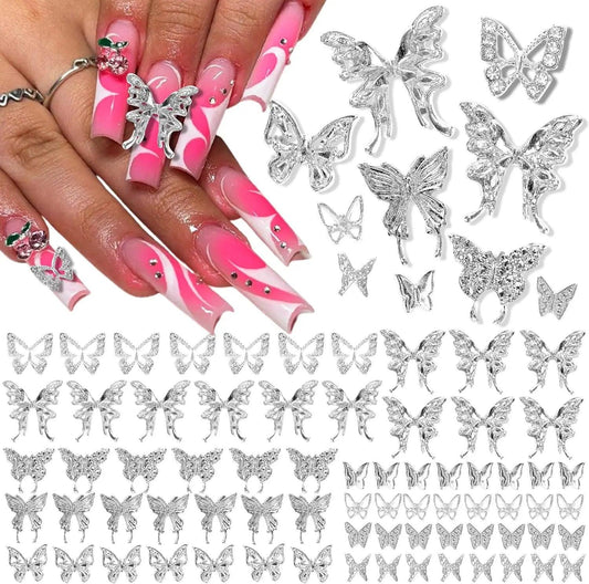 120PCS 3D Butterfly Nail Charms Silver Y2K Nail Gems and Rhinestones Butterfly Rhinestones Nail Jewels for Nail Art Nail