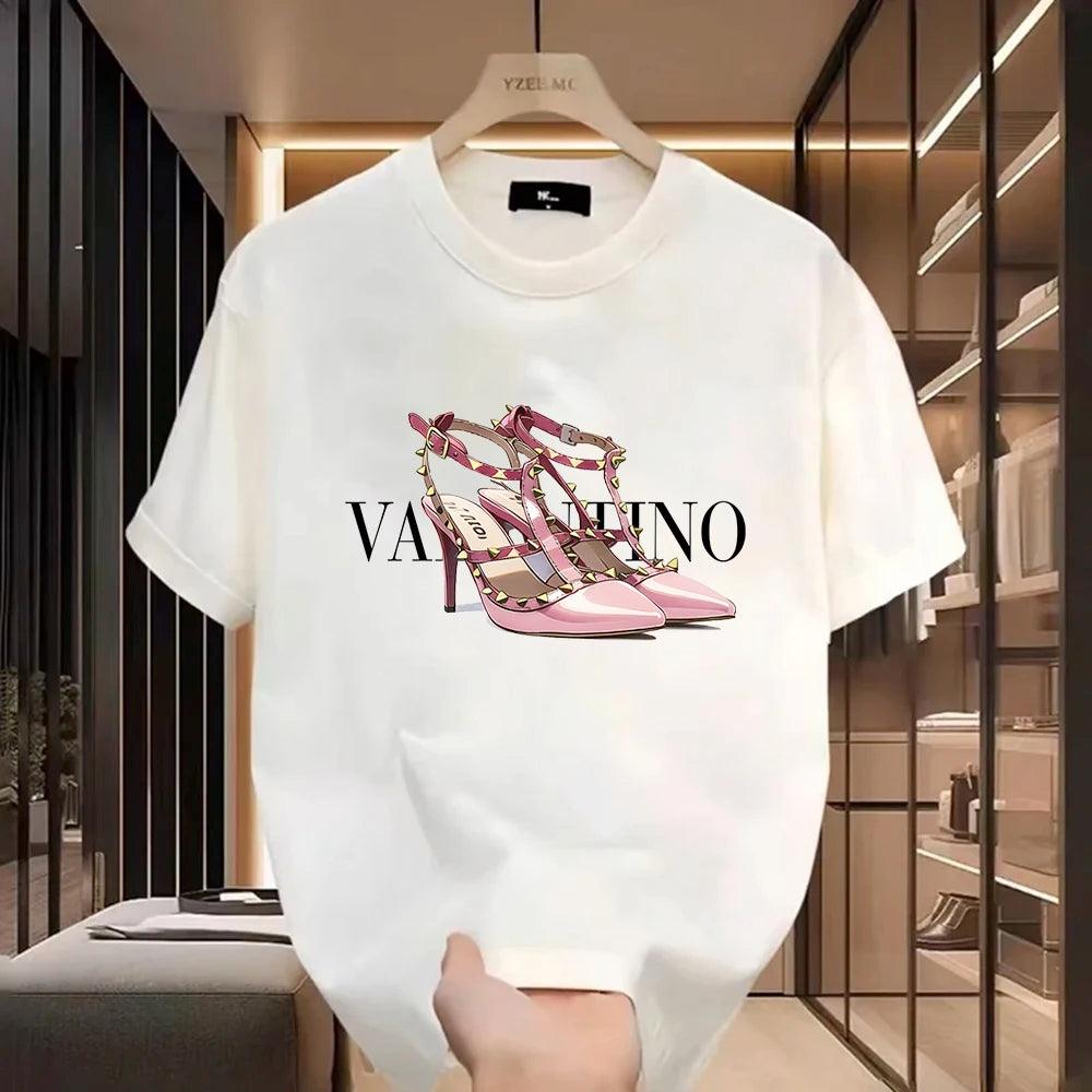 Women High Heels Letters Print Short Sleeve Casual T-shirt Summer Luxury Y2k Cotton Tee Female Designer Trendy High Quality Tops