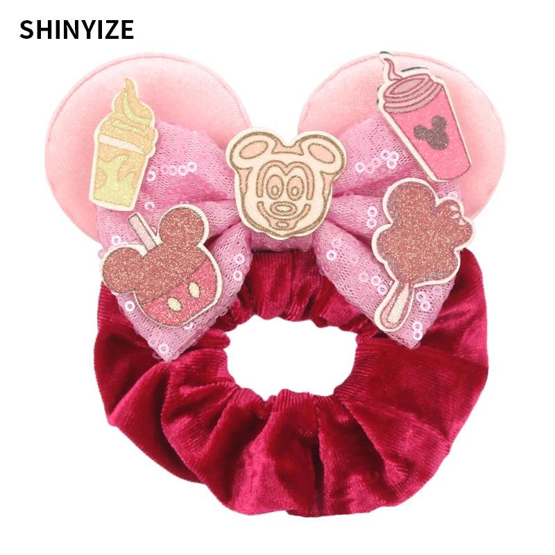 New Chic Disney Mickey Mouse Ears Hair Scrunchies Sequins 4"Bows Elastic Headband Women Velvet Girls DIY Hair Accessories Gift