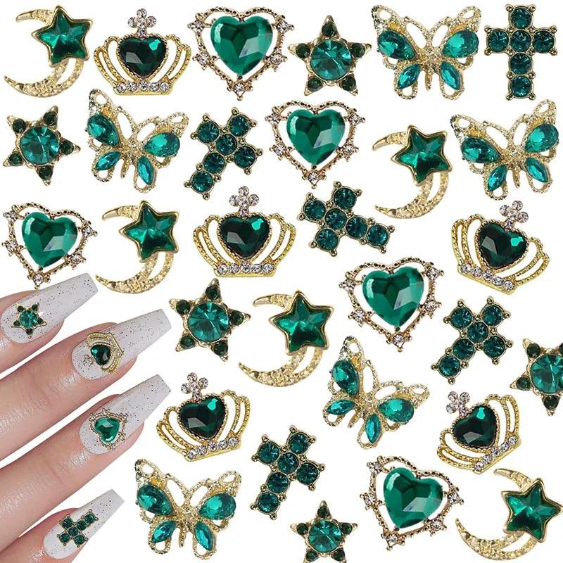 30Pcs Pink Nail Charms Alloy Rhinestones 3D Star Butterfly Heart Cross Gem Nails Crystal Diamond Nail Art Decoration Accessories