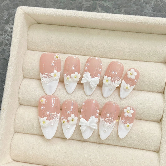 Almond False Nails French Style Handmade White 3D Bowknot Flower Pearl Press On Nail Full Cover Artificial Manicure Nail Tip Art