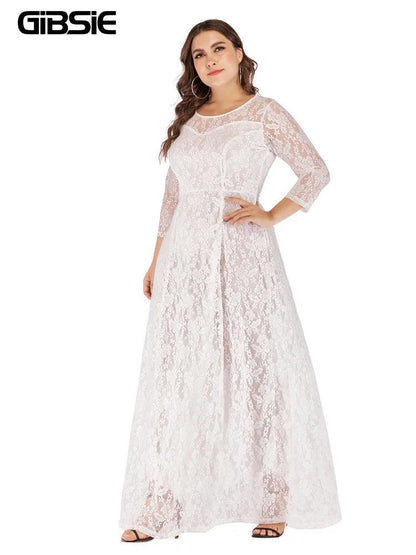 GIBSIE 6XL 5XL 4XL Plus Size Elegant Lace Dress Women O-Neck 3/4 Sleeve Long Maxi Dresses Ladies Prom Evening Party Dress