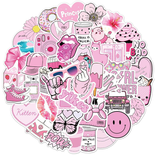 50PCS Pink VSCO Cute Girl Stickers Aesthetic Skateboard Laptop Guitar Graffiti Luggage Car Sticker Waterproof Decal Toys