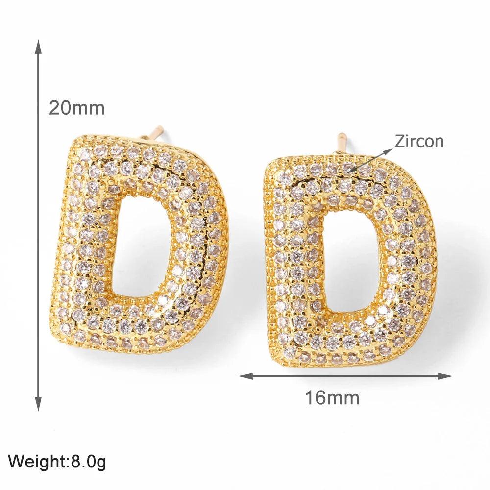 FLOLA Clear Crystal Bubble Letter Earrings for Women Copper Gold Plated Initial Ear Studs Name Jewelry Gifts ersa009