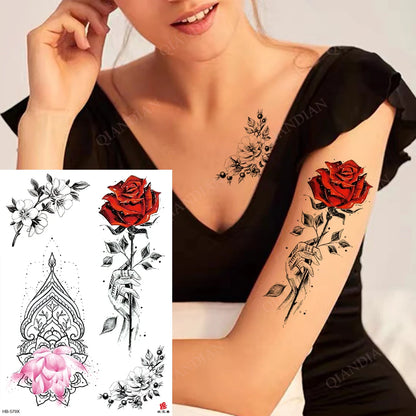 Black Flower Rose Waterproof Temporary Bird Snake Sexy Body Arm Leg Gem Henna Tattoo Fashion Big Fake Sleeve Sticker