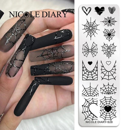 NICOLE DIARY Heart Spider Web Nail Stamping Plates Halloween Heart Line Printing Stencil Nail Arts Tool Nails Decorations Design