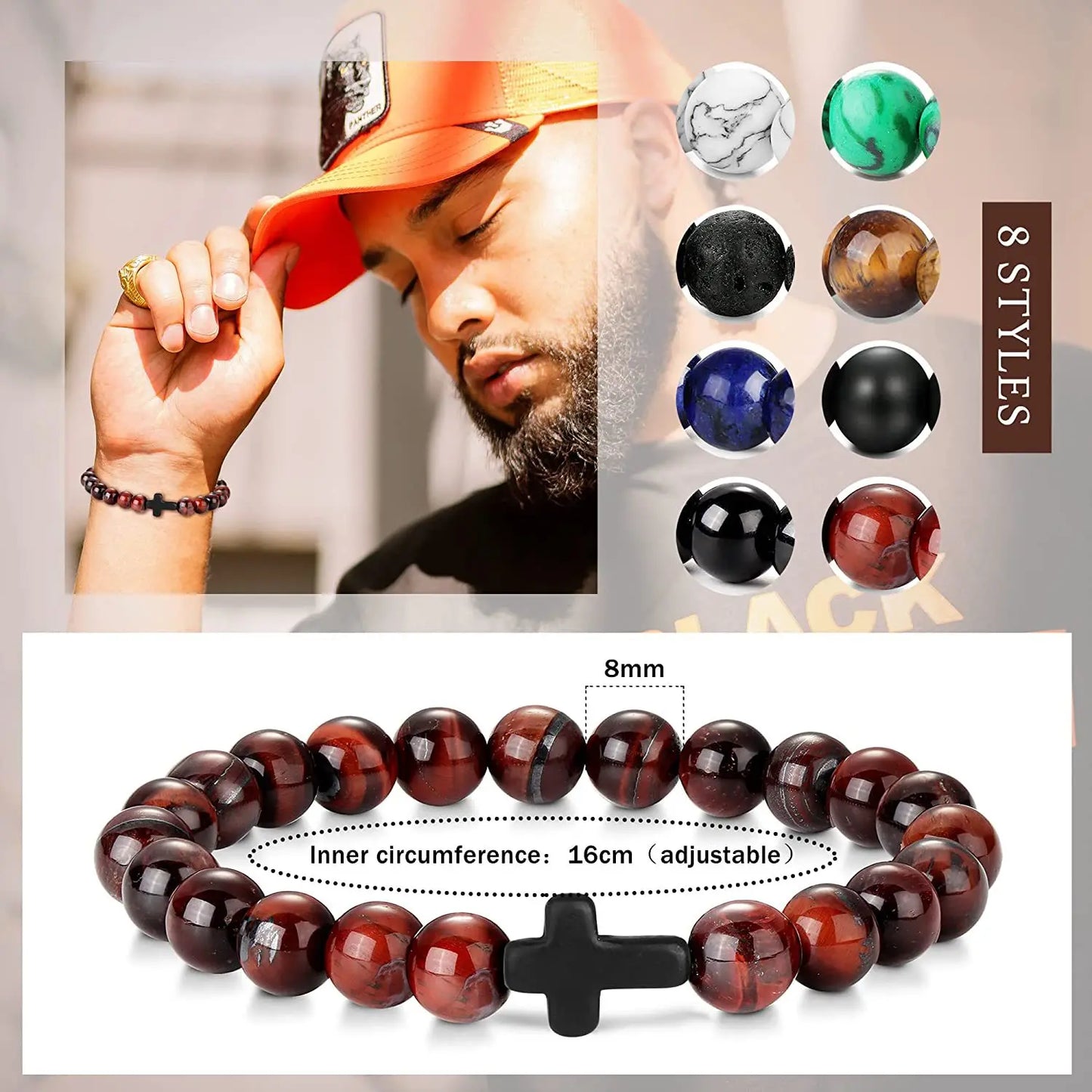 Prayer Men Natural Stone Wood Beads Rosary Hematite Cross Bracelets Onyx Meditation Bracelet Women Yoga Jewelry Homme Pulsera