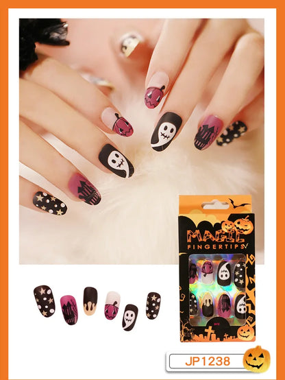 24pc/set Fashion Almond Press On Nails Art Halloween Black Ghost Design Fake Nail Pumpkin Castle Pattern Glossy False Nails Tips