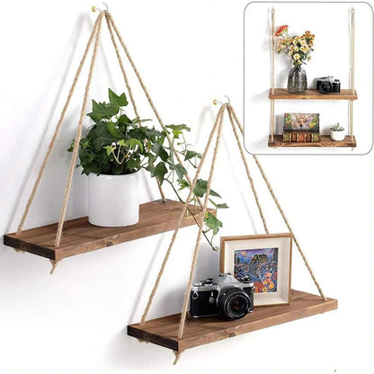 1PC Wooden Swing Hanging Hemp Rope Wall Shelve Mounted Floating Home Living Room Plant Flower Pot Tray Storage Garden Decoration