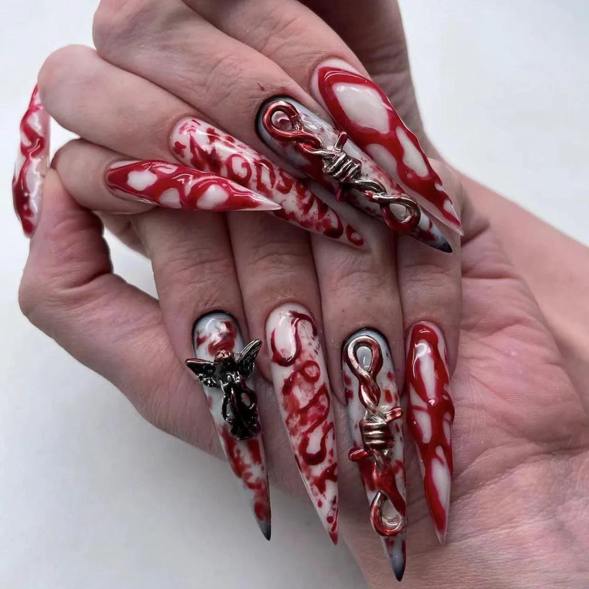 y2k Nails Five-pointed Star Pattern False Nails Halloween Style Long Coffin Ballet Press on Nails For Girl Full Cover Wearable