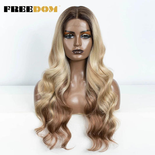 FREEDOM 13X4 Synthetic Lace Frontal Wigs For Women Body Wave Ombre Blonde Brown Ginger Lace Wigs Heat Resistant Cosplay Wigs - HighGloss Shop