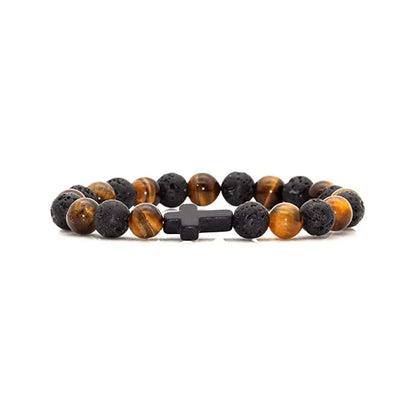 Men Natural Stone Bead Cross Bracelet Onyx Meditation Bracelet Women Yoga Jewelry Homme Pulser Lava Turquoise Beaded Bracelets