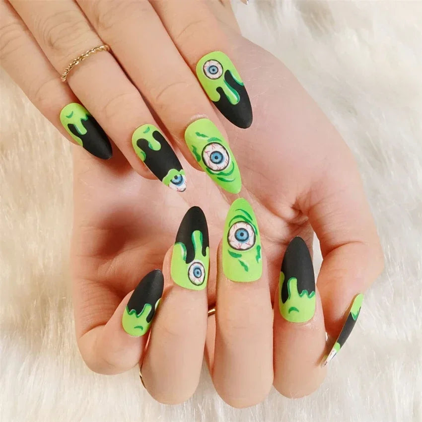 24pcs Artificial Acrylic Nail Art Fake Nails Full Coverage Removable Press on Nails Halloween Pumpkin Skull Moon False Nail Tip