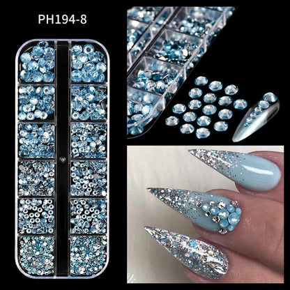 12grids Red Nail Gems Rhinestones 2/3/4/5mm Flat-Back Nail Crystal Diamond SS6/10/16/20/30 Mixed Luxury Glass Rhinestones Charms