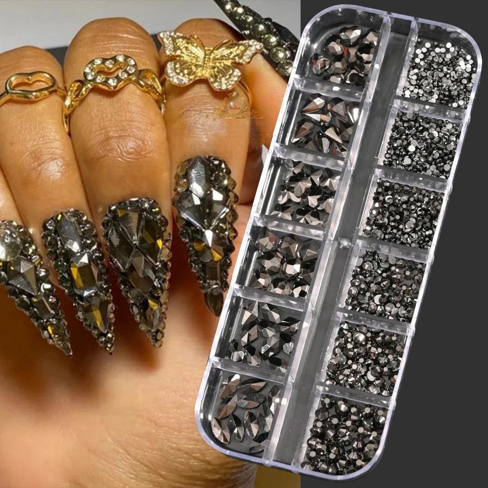 12Grids Nail Art Flatback Black Crystal Rhinestones Beads Luxury Nail Charms 3D Glitter Non Hotfix Diamond Gems For Manicure