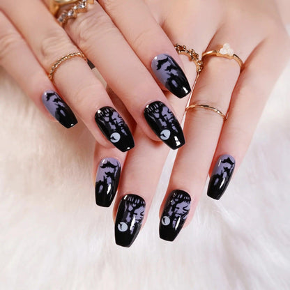 24pc/set Fashion Almond Press On Nails Art Halloween Black Ghost Design Fake Nail Pumpkin Castle Pattern Glossy False Nails Tips