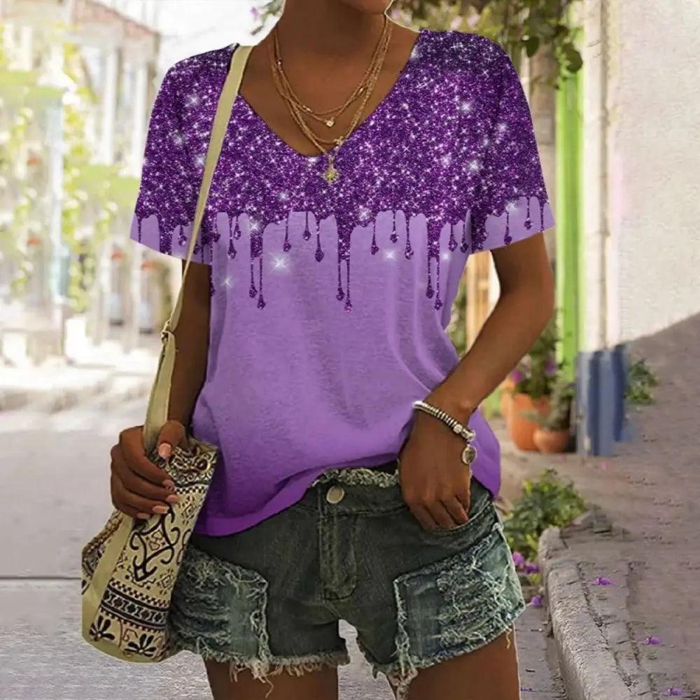 New Summer Breathable T-Shirt 3D Gold Glitter Sequin Printed V Neck Shirt Tops Women Street Luxury Oversized Tops Short Sleeve