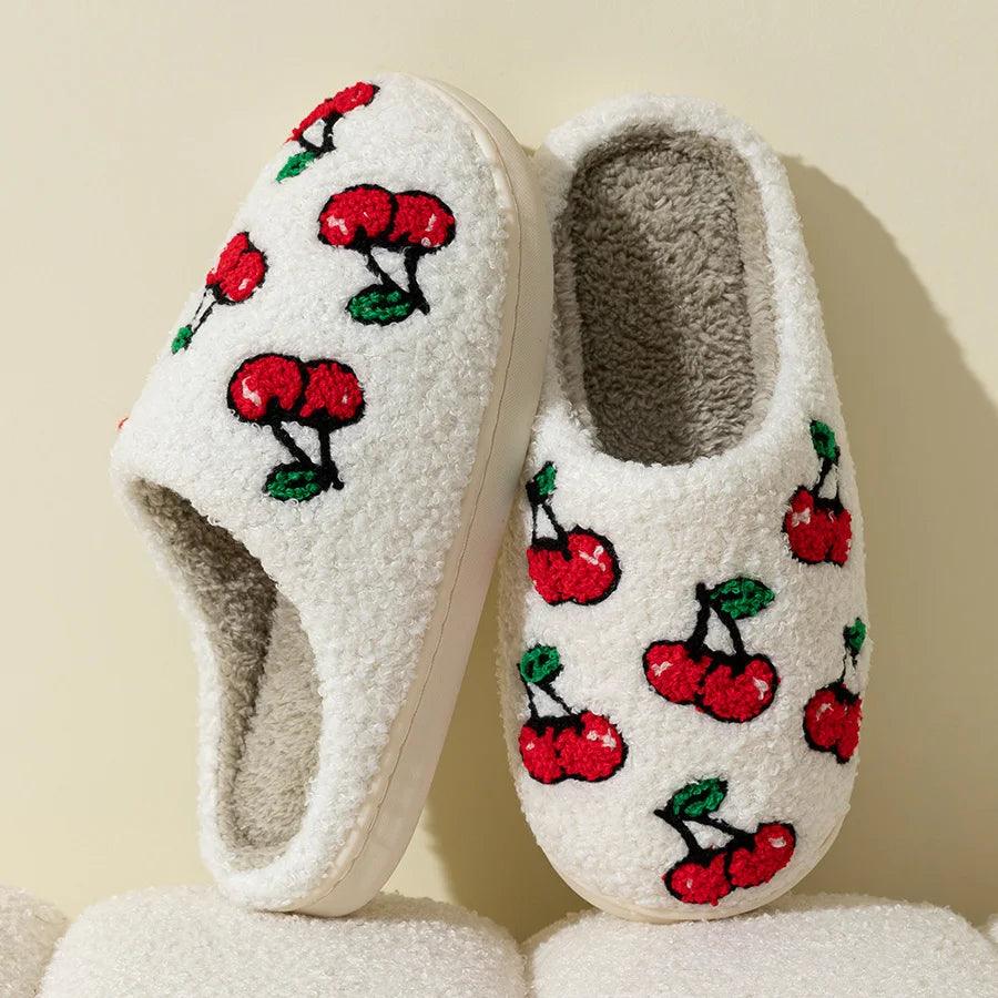 Cute Little Cherry Slippers Women Fluffy Cherries Fur Plush House Shoes Female Bedroom Comfy Home Flat Slip-on Slides New