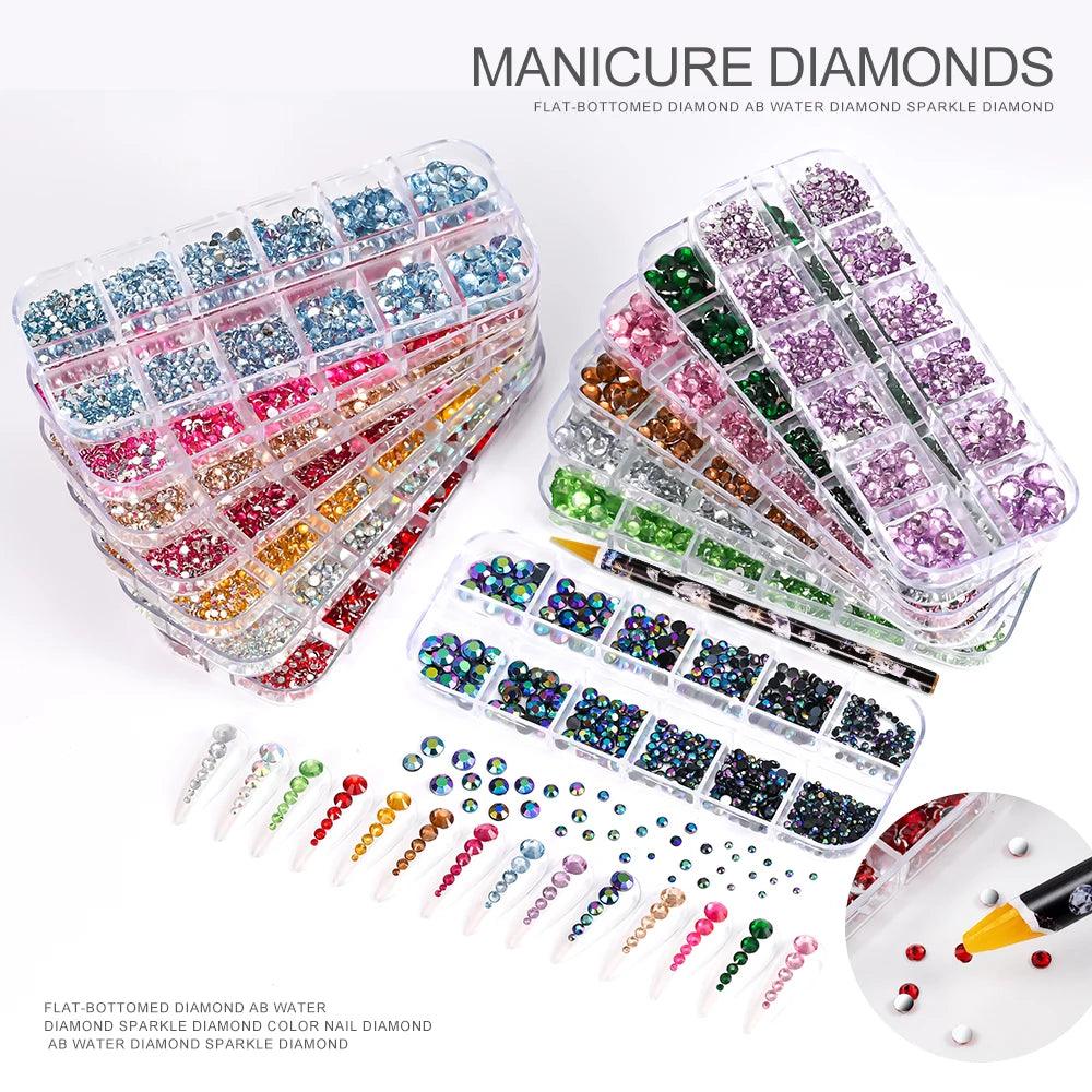 12Grids SS6-SS30 Mixed Nail Rhinestones Clear/Gold/AB Diamond Nail Gems  Flat-back Glass Stones Nail Charms with Wax Pen Picker