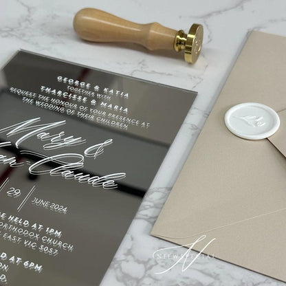 Mirror Acrylic Wedding Invitation, Gold/ Silver/ Rose Gold/ Brown Mirror, Custom Design Invites with Envelope, Noble and Elegant