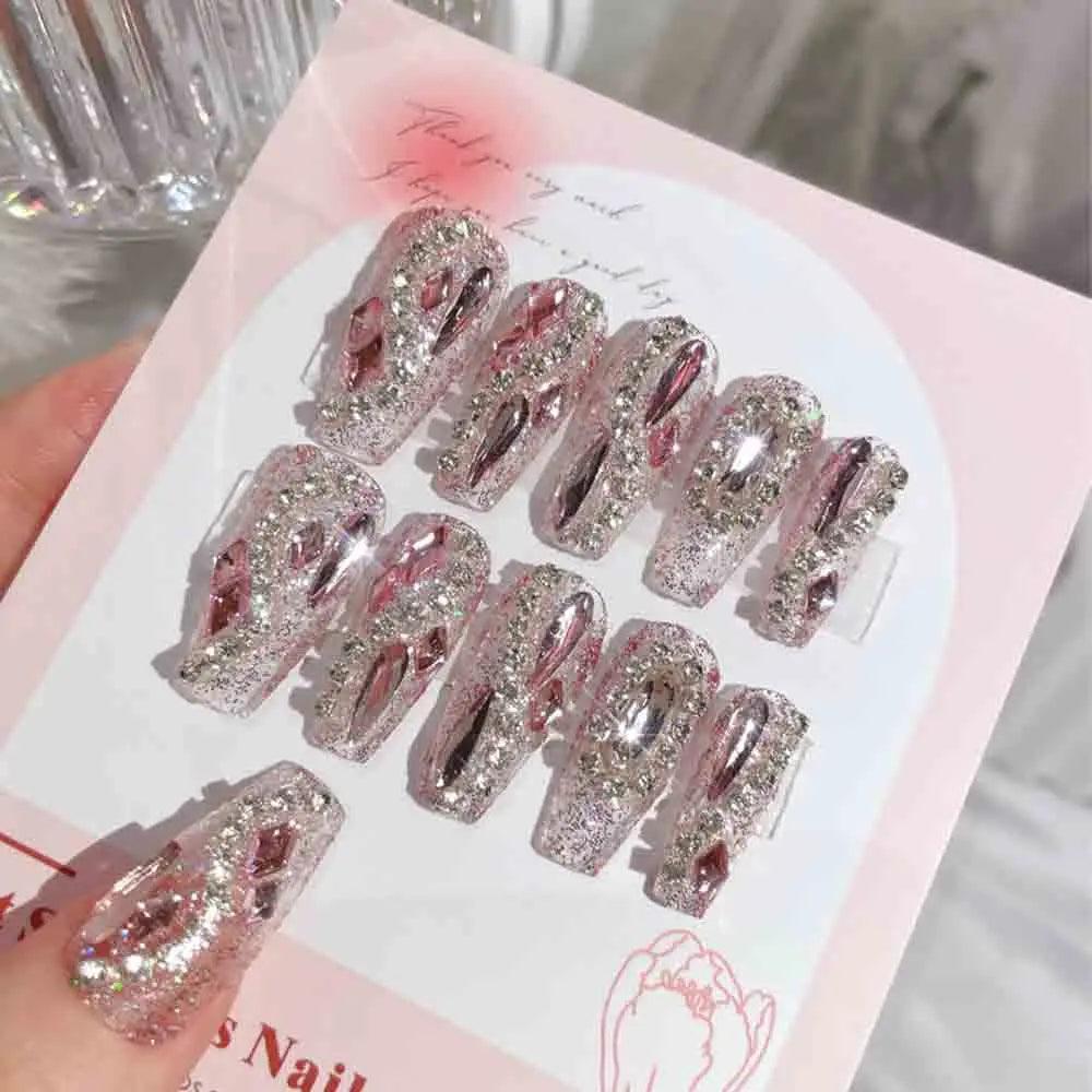 24pcs Luxury Handmade Nail Art Glossy Long Ballet Fake Nails Full Rhinestone Press On Nails Y2K False Nails For Women Girl Party