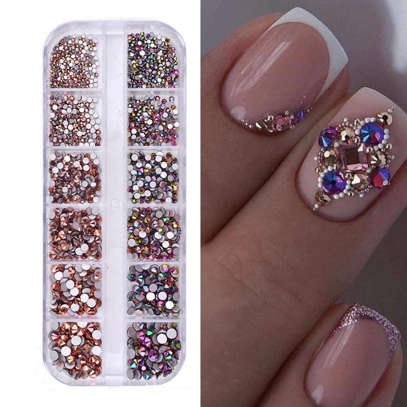 12Gird 3D Glass AB Crystal Nail Art Rhinestones Kit Flatback Round Bead Charm Gem Stones Jewelry Diamond with Tools for Nail Art