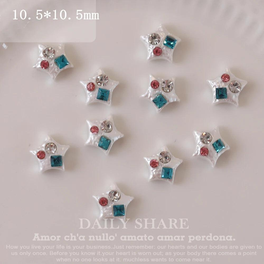 20Pcs Retro Baroque Love Nail Art Charms 3D Glitter White Pearl Inlaid Gem Pentagram Nail Rhinestone Luxury DIY Nail Accessories