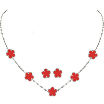 Double Sided Plant Flower Design Jewelry Set  for Women Girls Stainless Steel Elegant Clover Pendant Necklace Earrings Bracelet