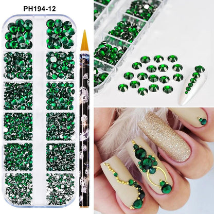 12Grids SS6-SS30 Mixed Nail Rhinestones Clear/Gold/AB Diamond Nail Gems  Flat-back Glass Stones Nail Charms with Wax Pen Picker