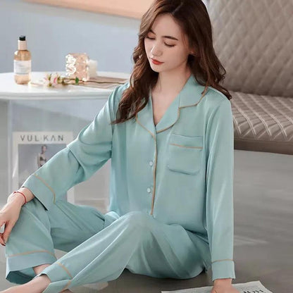 High Quality Light Luxury Ice Silk Pajamas Women's Pajama Spring and Autumn Style Long Sleeve Home Set Nightwear Sleepwear