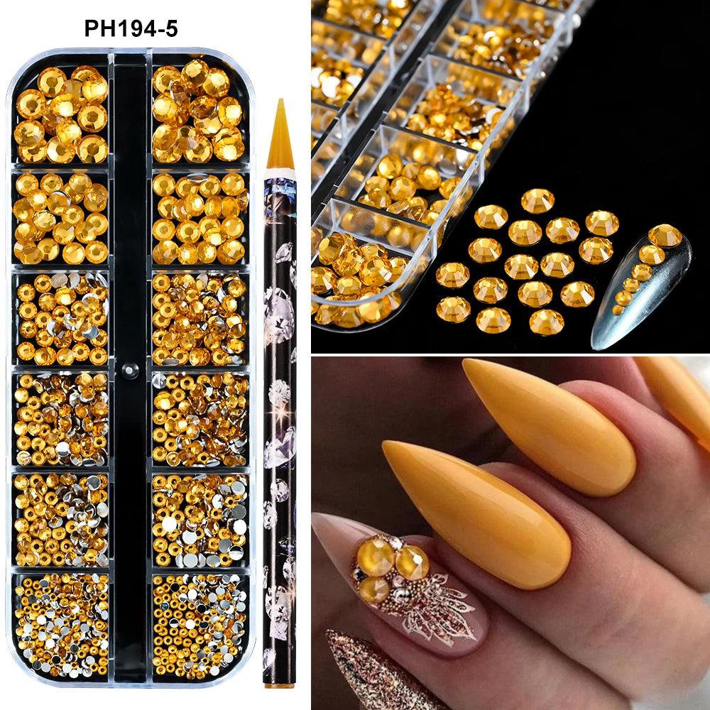 12Grids SS6-SS30 Mixed Nail Rhinestones Clear/Gold/AB Diamond Nail Gems  Flat-back Glass Stones Nail Charms with Wax Pen Picker