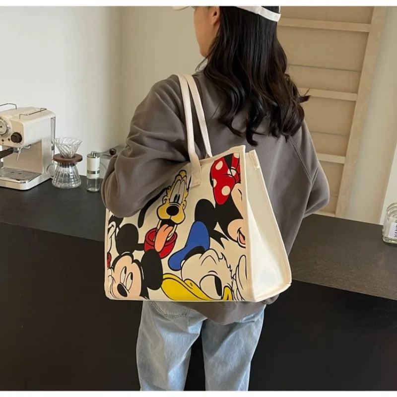 Disney Mickey Cartoon Cute Canvas Shoulder Bag Large Capacity Tote Bag Women's Fashion Mummy Bag Leisure Travel