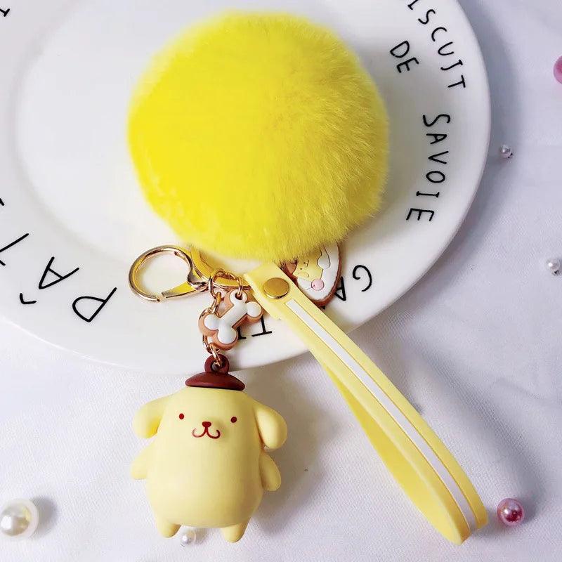 Hello Kitty Sanrio Kuromi Penguin Frog Dog Cat Cute Keychains with Fluffy Rabbit Fur Ball Women Girl Bag Pendant Keyring Gifts