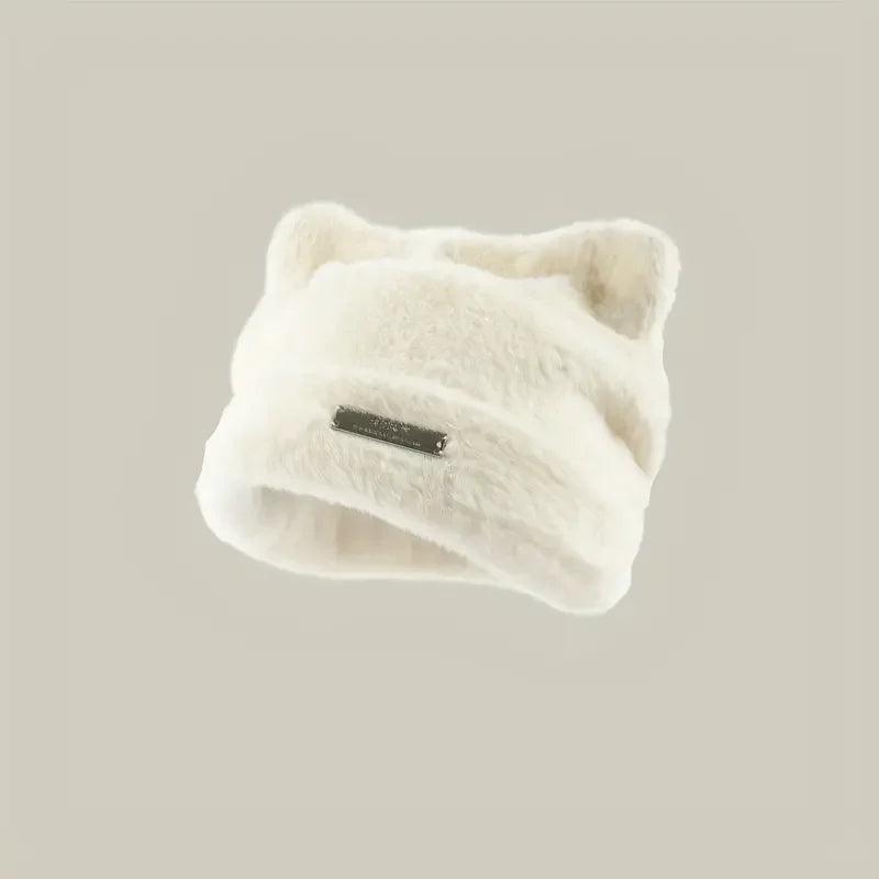 Iron Label Decorative Beanie Hat with Ears Cute Warm Plush Cat Beanie Winter Faux Fur Beanie Elastic Knitted Hat Women Outdoor - HighGloss Shop