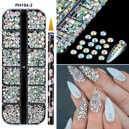 12Grids SS6-SS30 Mixed Nail Rhinestones Clear/Gold/AB Diamond Nail Gems  Flat-back Glass Stones Nail Charms with Wax Pen Picker