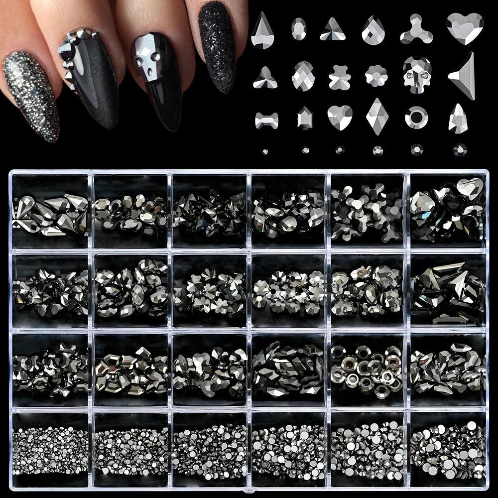 Nail Decoration Set with 1 Boxes 240Pcs Nail Art 3D Rhinestones Big Mix Sizes 3D Crystal Diamonds Metal Charms Gems Stones ,M(1)