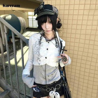 Karrram Japanese Y2k Fake Two-piece Knitted Tops Trashy 2000s Hooded Jacket Vintage Harajuku Knitwear Grunge Aesthetics American