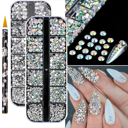 12Grids SS6-SS30 Mixed Nail Rhinestones Clear/Gold/AB Diamond Nail Gems  Flat-back Glass Stones Nail Charms with Wax Pen Picker