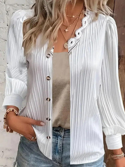 Plus Size Elegant Blouse, Women's Plus Solid Ribbed Contrast Lace Trim Long Sleeve V Neck Shirt Top