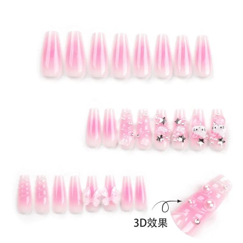 HelloKitty Press on False Nail Sanrio Accessories Y2k Kawaii Cartoon Design Fake Nails Long Detachable Manicure Girls Gift