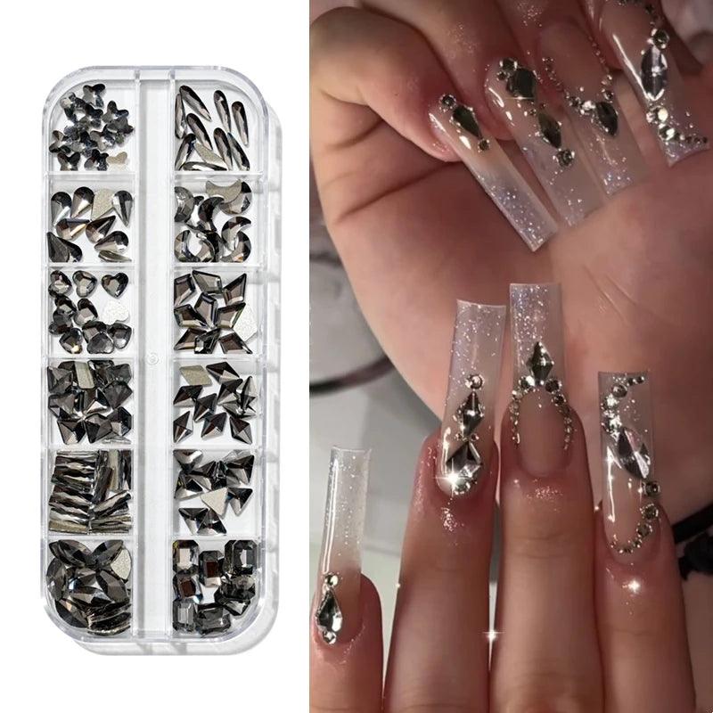 12Gird 3D Glass AB Crystal Nail Art Rhinestones Kit Flatback Round Bead Charm Gem Stones Jewelry Diamond with Tools for Nail Art