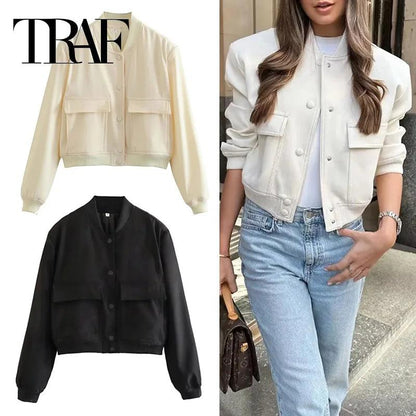 TRAF Women's Bomber Jacket Women Autumn Cropped Jacket For Women 2024 Long Sleeve Aviator Jackets Woman Fashion Short Coats