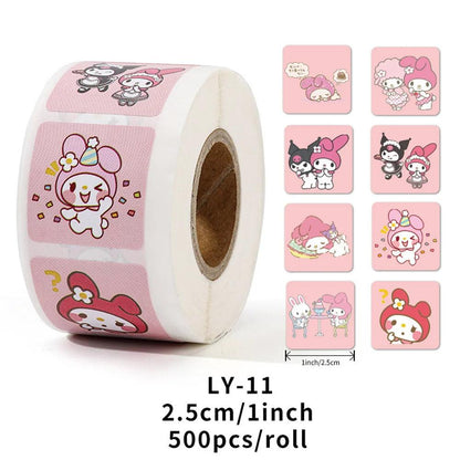 500Pcs/Roll Sanrio Stickers Kawaii Hello Kitty Melody Kuromi Cinnamoroll Luggage Graffiti Decals Kid Toy Decoration Sticker Gift