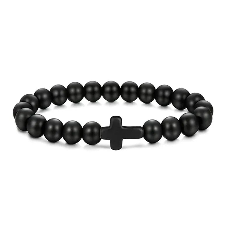 Men Natural Stone Bead Cross Bracelet Onyx Meditation Bracelet Women Yoga Jewelry Homme Pulser Lava Turquoise Beaded Bracelets