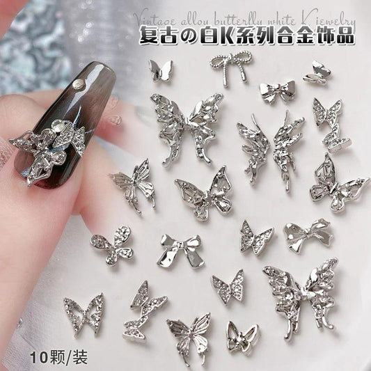 10Pcs/Lot 3D Butterfly Alloy Nail Charms Retro Bow-knot Design Jewelry Luxury Gold Silver Hollow Butterflies Nail Art Decoration