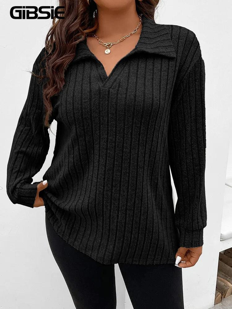 GIBSIE Plus Size Tshirt for Women Spring Fall Polo Collar Long Sleeve T-Shirt Female Casual Ribbed Knit Solid Tee Tops 2023